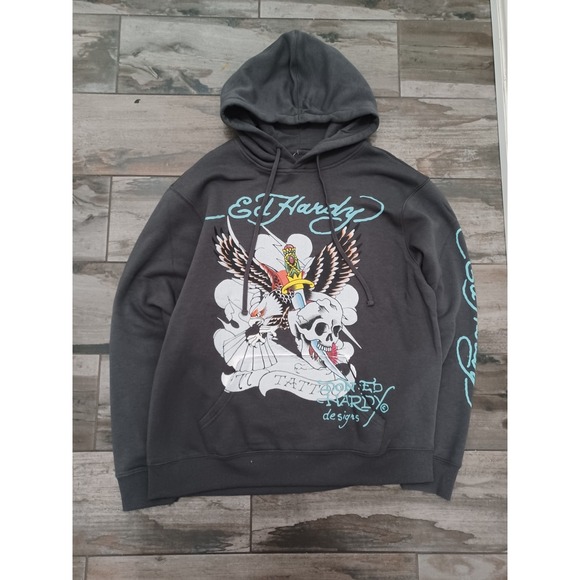 Ed Hardy Other - Ed Hardy Men's Hoodie Sweater Eagle Skull Print Sz L Charcoal Color NWT